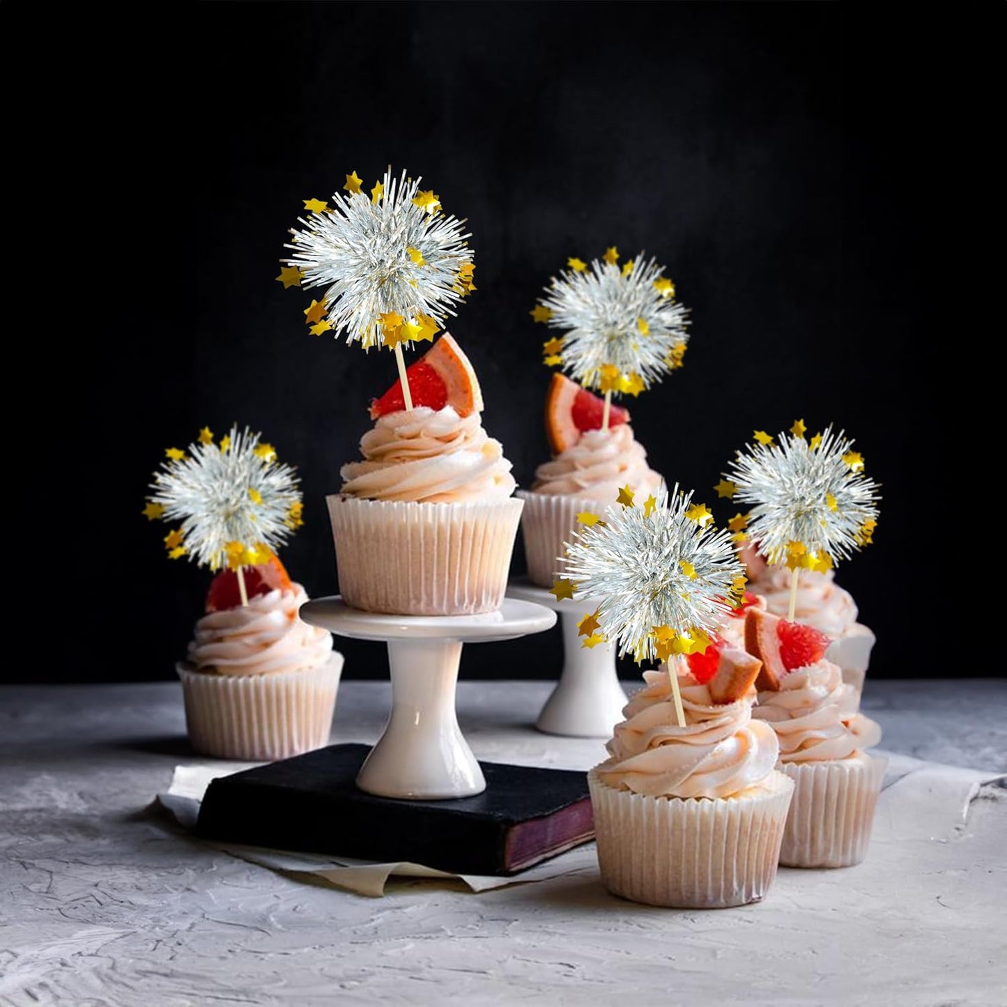 Ephlyn 30Pcs Foil Firework Cupcake Toppers Sparkle Tinsel Cupcake Picks Drink Stirrers Cocktail Food Fruit Toothpicks for Baby Shower Graduation Party Supplies White