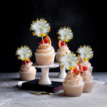 Ephlyn 30Pcs Foil Firework Cupcake Toppers Sparkle Tinsel Cupcake Picks Drink Stirrers Cocktail Food Fruit Toothpicks for Baby Shower Graduation Party Supplies White