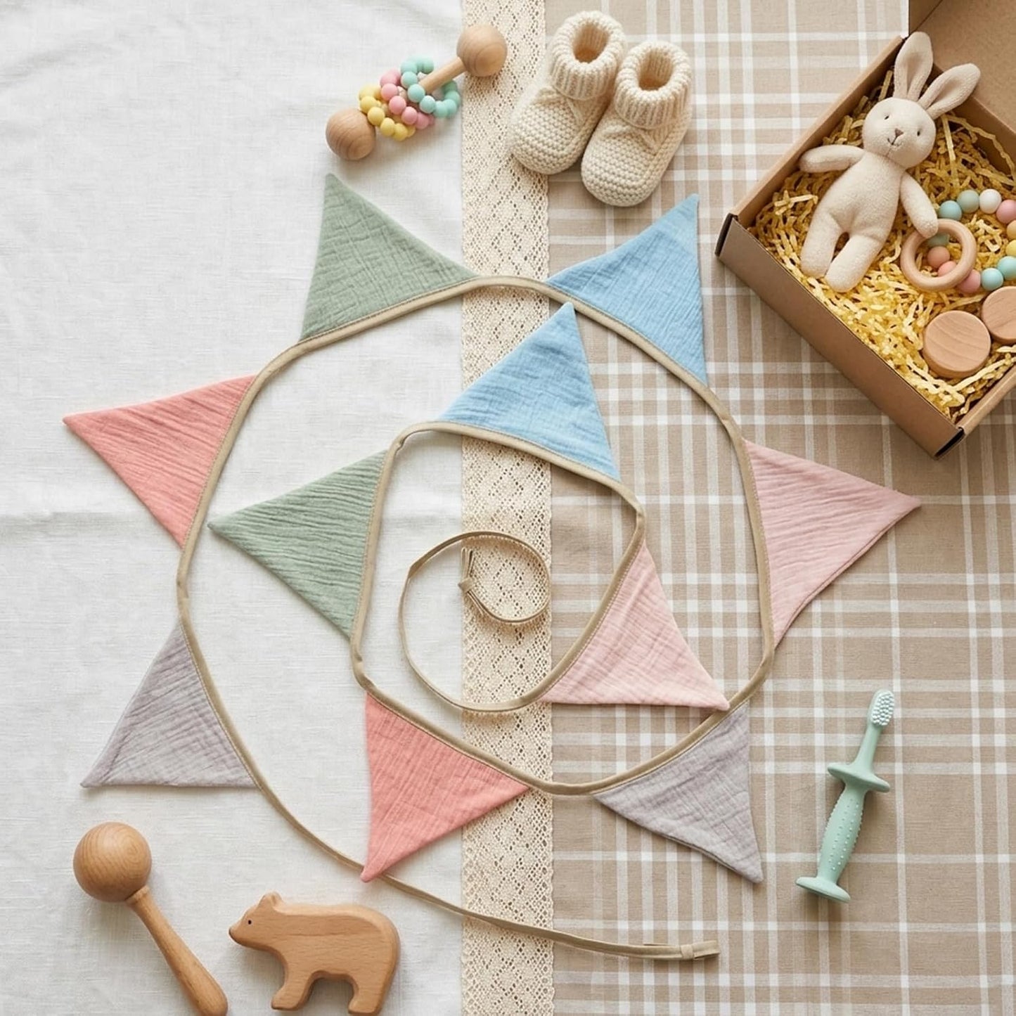 Fabric Bunting Banner, 2 Pack Handmade Neutral String Banner Each 8.5 ft 10 Flags Nursery Wall Hanging Wedding Birthday Home Baby Shower Party Decoration Bunting (Pink Candy)