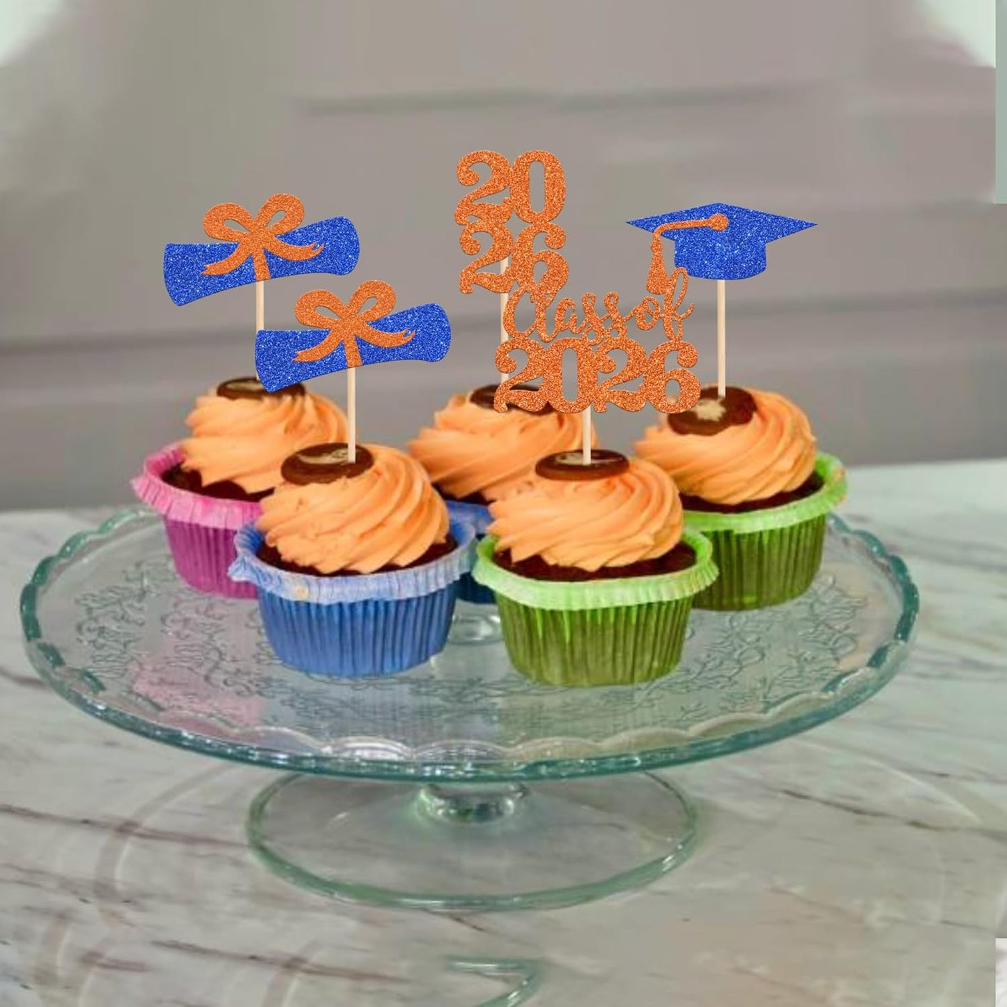 36 PCS 2026 Graduation Theme Cupcake Toppers Glitter Class of 2026 Grad Cap Diploma Cupcake Picks 2026 Graduation Theme Party Cake Decorations Supplies Deep Blue