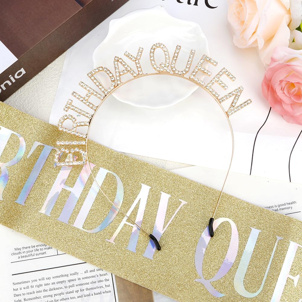 Birthday Sash & Crown for Women - Tiara Headband, Girls' Decorations Accessories