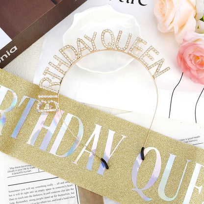 Birthday Sash & Crown for Women - Tiara Headband, Girls' Decorations Accessories