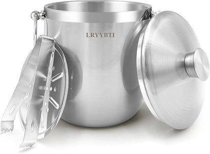 Ice Buckets for Parties with Lid,Tongs and Strainer (3L/Silver) Double Wall Stainless Steel Ice Bucket Keeps Frozen Longer,Ideal Perfect for Parties, Cocktail bar, Chilling Wine, Champagne