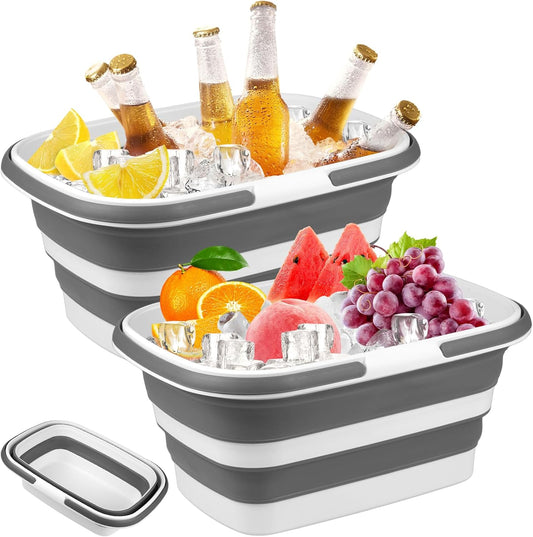 2 Pack Ice Buckets for Parties, Foldable Beverage Tub, Collapsible Ice Bucket for Wine Beer Champagne, Large Beer Ice Buckets Drink Cooler, Space Saving Ice Storage Tub Ice Cube Bin (8.5L*2)