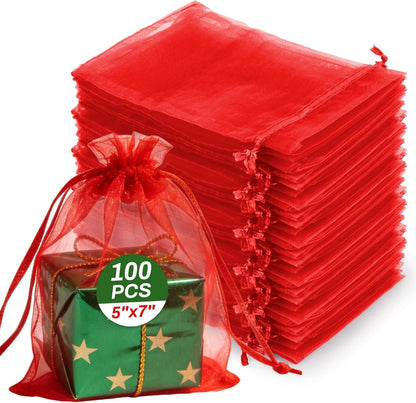 Sukh 100pcs Organza Bags 5''x7'' - White Sheer Mesh Drawstring Bags for Jewelry, Soap, Fruits, Candy, Small Gift Bags for Weddings, Valentine's Day, Mother's Day, Halloween, Thanksgiving, Christmas