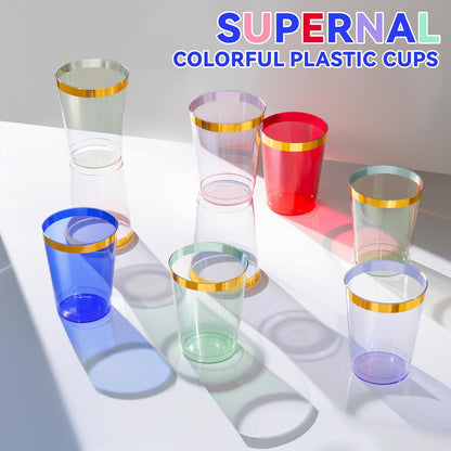 supernal 100pcs Gold Plastic Cups 12 oz, Glitter Clear Disposable Cups Heavy Duty, Fancy Plastic Cocktail Tumblers for Wedding, Parties Champagne & Mixed Drinks