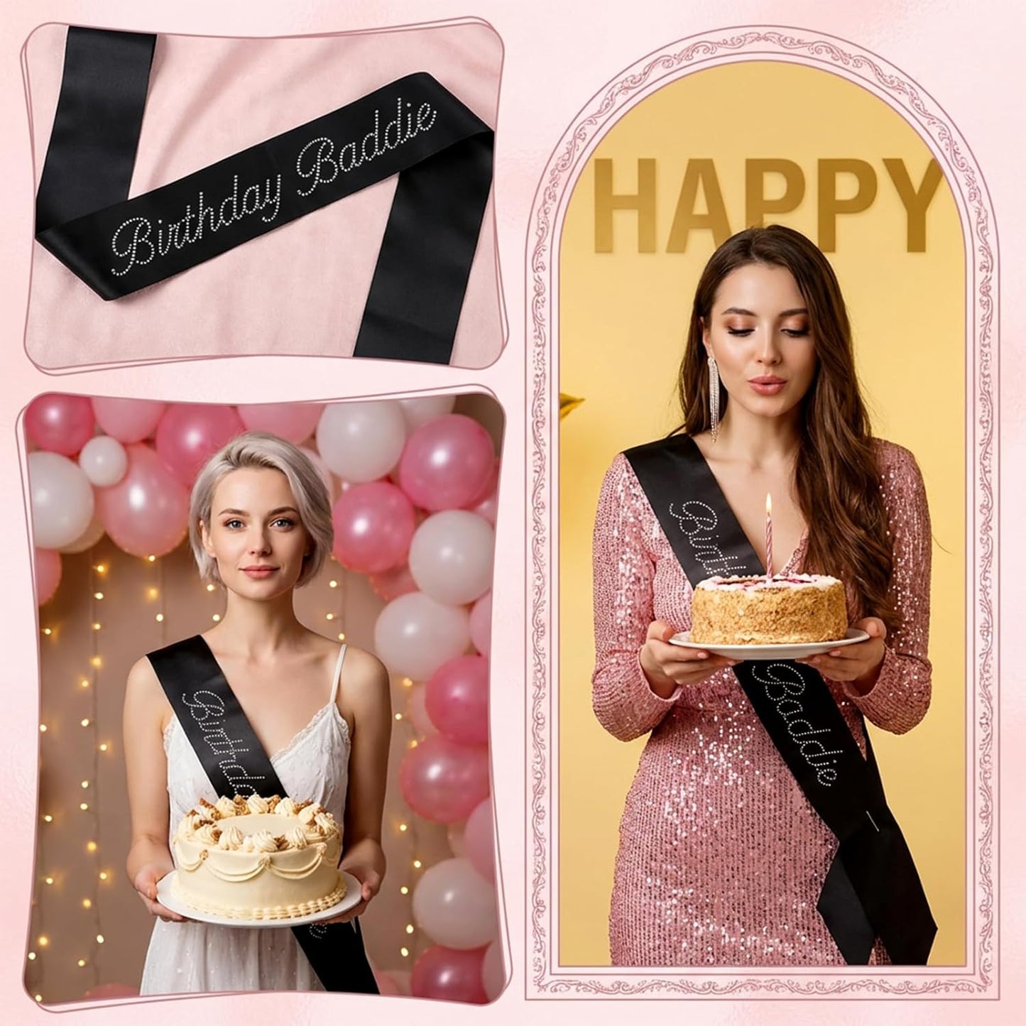 Birthday Sash for Women Birthday Baddie Sash Glitter Black Birthdays Sashs Funny Birthdays Sashs with Glitter Rhinestones Decorations for Women Funny Baddie Decorations Party Supplies