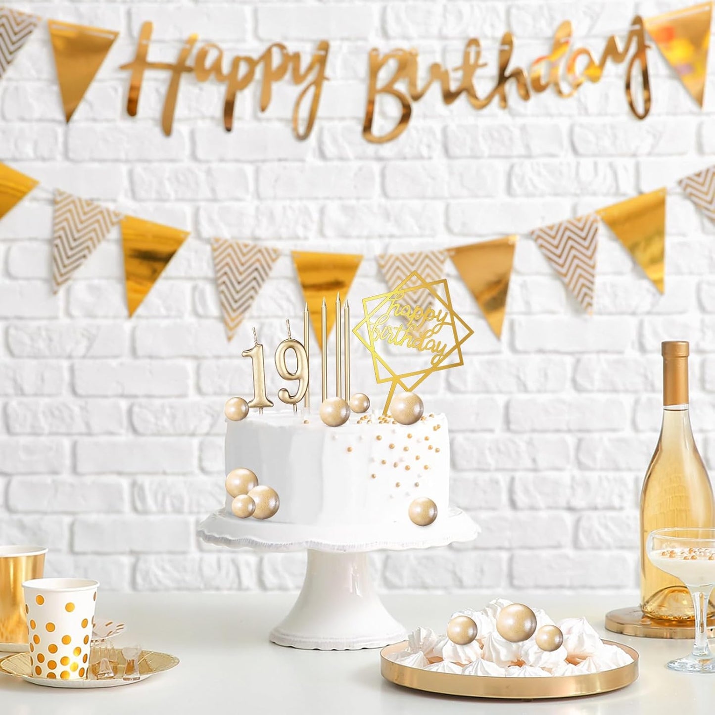 Yerliker 34 Pcs Happy Birthday Cake Toppers Decorations Birthday Candles DIY Cake Decor for Men Women Wedding Anniversary(Gold)