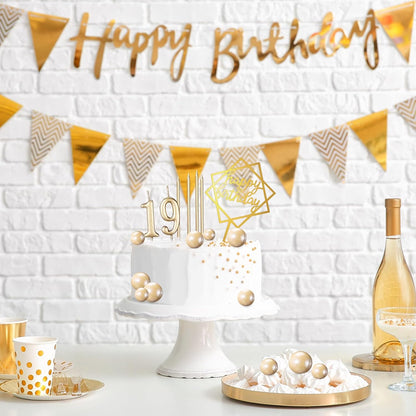 Yerliker 34 Pcs Happy Birthday Cake Toppers Decorations Birthday Candles DIY Cake Decor for Men Women Wedding Anniversary(Gold)