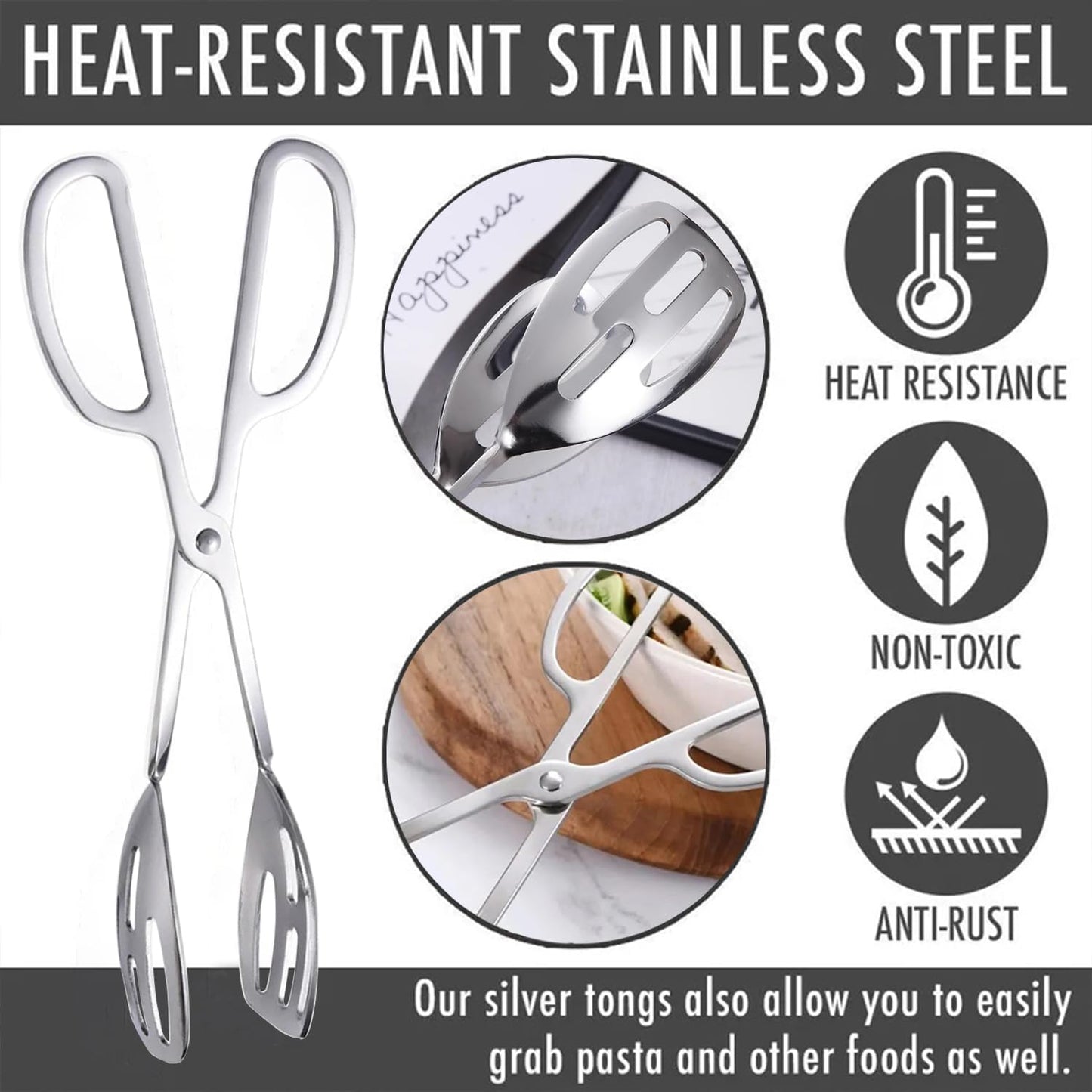 2 Pack Serving Tongs Buffet Tongs for Kitchen Cooking 10 Inch Stainless Steel Salad Tongs Serving Utensils for Wedding Party Catering (Silver)