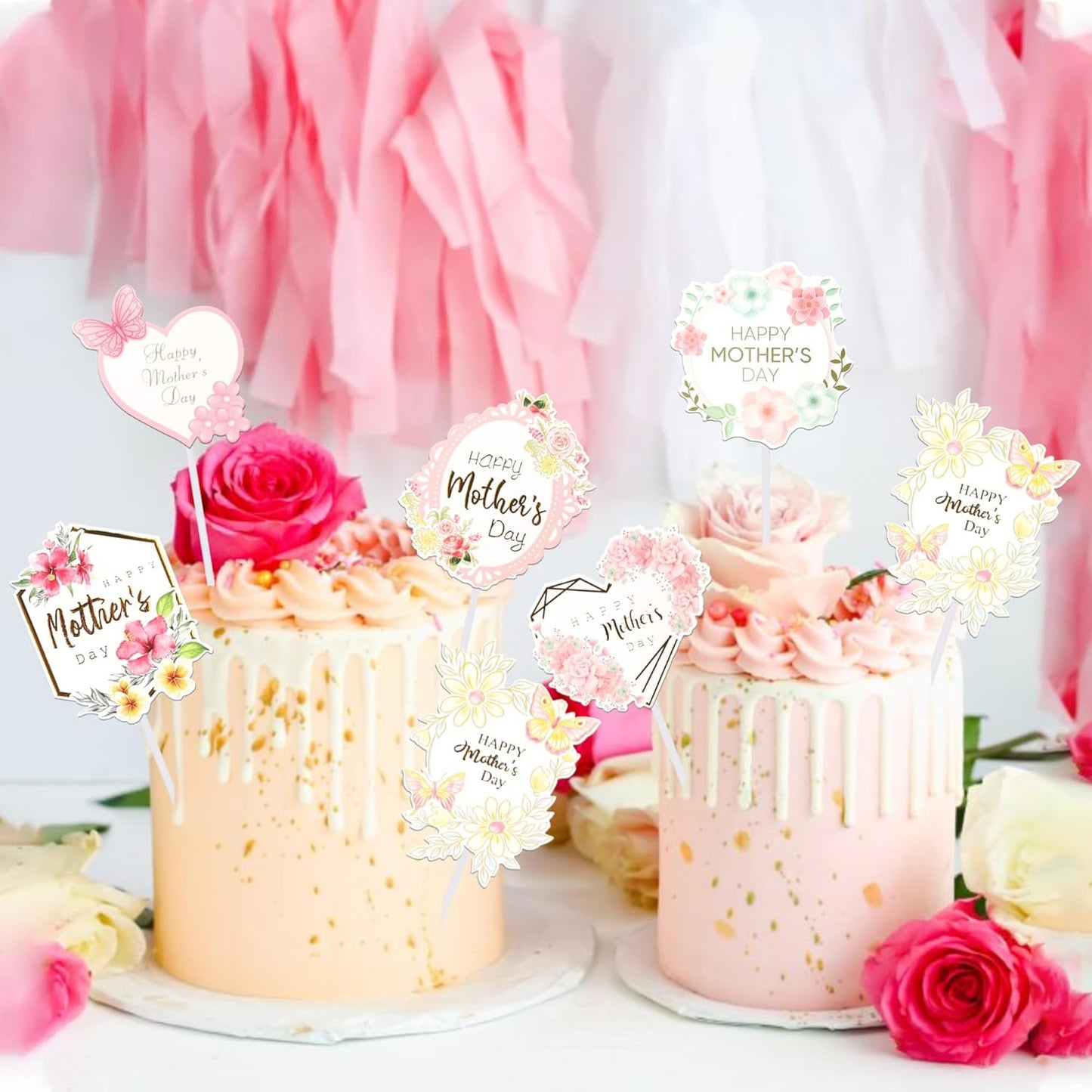 24 PCS Happy Mother's Day Cupcake Toppers with Glitter Heart Love Mother Best Mom Cupcake Picks for Happy Mother's Day Theme Women Birthday Party Cake Decorations Supplies Rose Gold