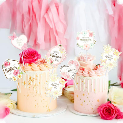 24 PCS Happy Mother's Day Cupcake Toppers with Glitter Heart Love Mother Best Mom Cupcake Picks for Happy Mother's Day Theme Women Birthday Party Cake Decorations Supplies Rose Gold