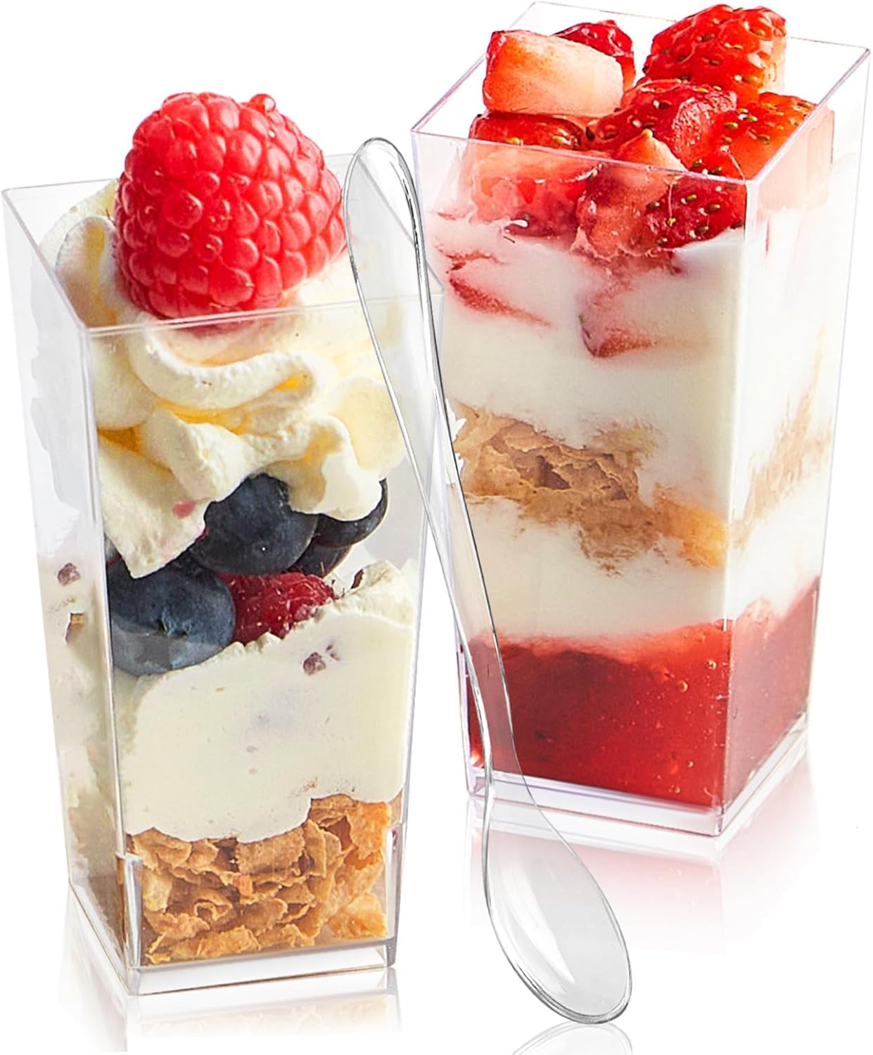 Zezzxu 3 oz Square Mini Dessert Cups with Spoons - 50 Pack Plastic Pudding & Parfait Cups Party Dessert Shooters for Serving Trifle Mousse Cake Appetizers