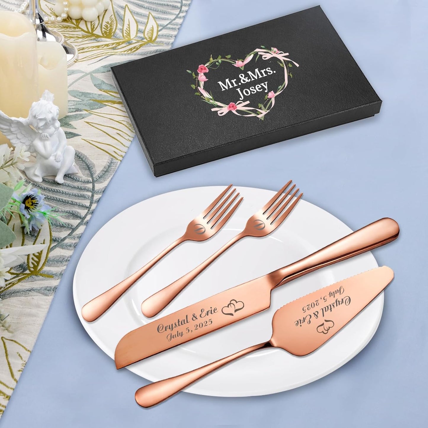 Personalized Wedding Cake Knife and Server Set, Wedding Gold Cake Cutting Set with Stainless Steel Forks, Customized Bridal Anniversary Birthday Wedding Registry Gifts for Couple (Non-customized)
