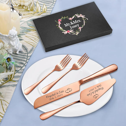 Personalized Wedding Cake Knife and Server Set, Wedding Gold Cake Cutting Set with Stainless Steel Forks, Customized Bridal Anniversary Birthday Wedding Registry Gifts for Couple (Non-customized)