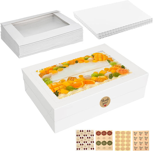 6pcs Cake Boxes with Cake Board, 19x14x4.5 Inches White Bakery Boxes with Large Window for Quarter Sheet Cakes, Donuts, Cupcakes, Pastry & Pies
