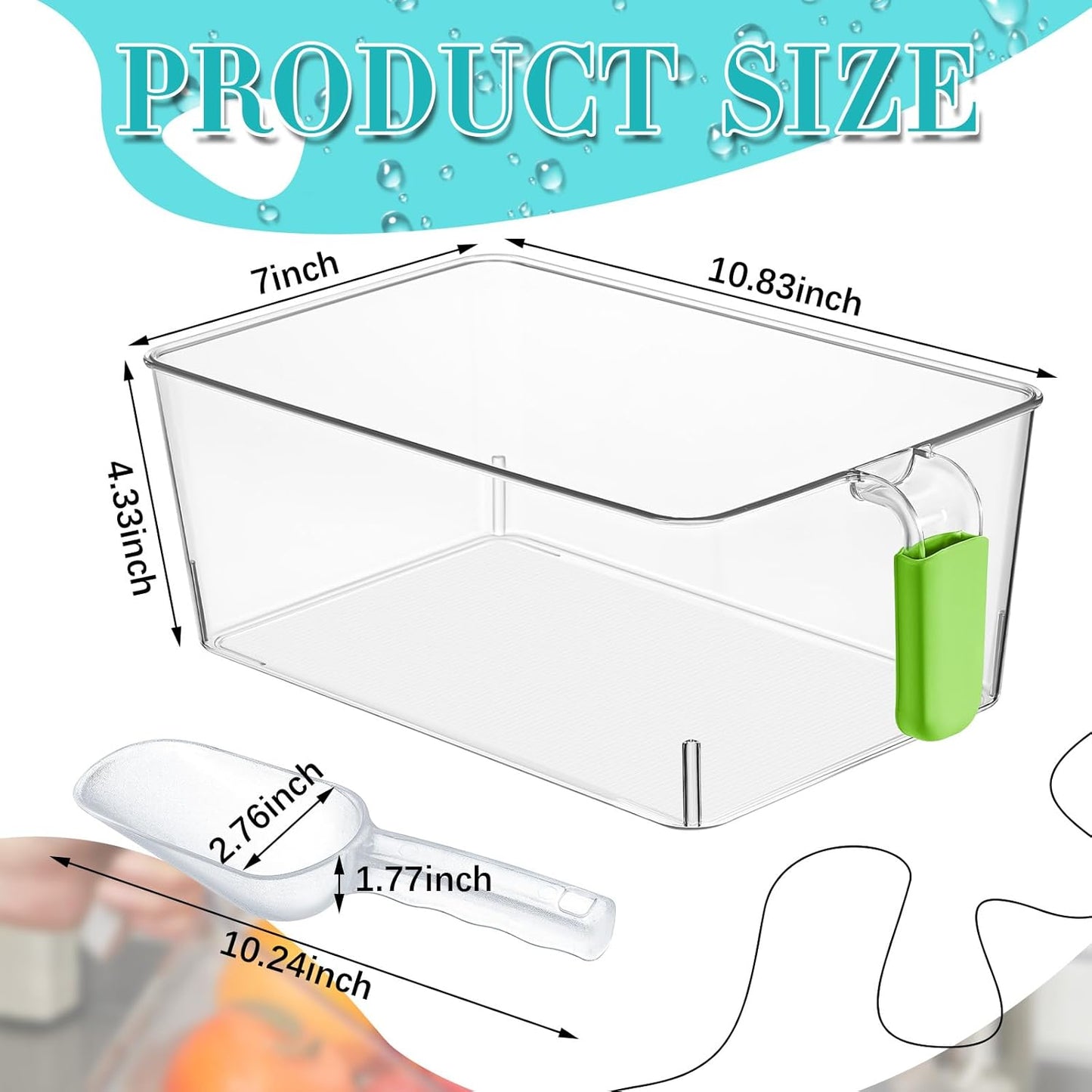 Havawish Ice Storage Bin and Flexible Scoop Set Plastic Freezer Bin with Pull Out Handle Storage Bucket Clear for Container with Scoop(Grey,10.83 x 4.92 x 4.33 in,Classic)