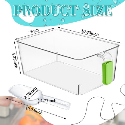 Havawish Ice Storage Bin and Flexible Scoop Set Plastic Freezer Bin with Pull Out Handle Storage Bucket Clear for Container with Scoop(Grey,10.83 x 4.92 x 4.33 in,Classic)