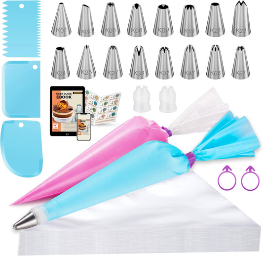 Kootek 124Pcs Icing Piping Bags and Tips Set, Cake Decorating Kit with 100 Anti Burst Piping Bags 12 Inch, 16 Icing Tips, Reusable Pastry Bag, 3 Scrapers, 2 Couplers, 2 Bag Ties (Blue)