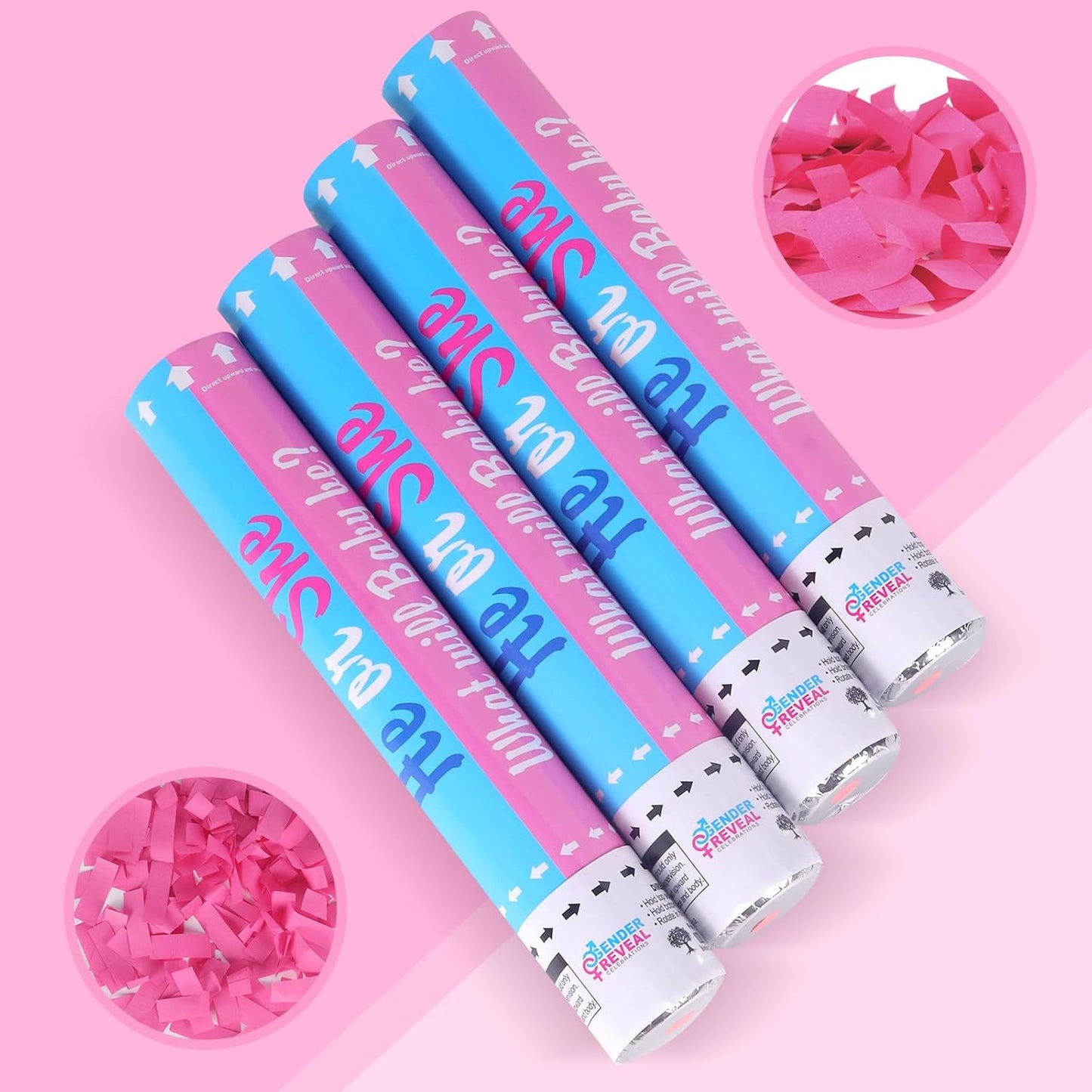 Gender Reveal Confetti Cannon - Set of 4 for Stunning Baby Gender Announcements, Perfect Gender Reveal Cannon for Parties and Celebrations (4 pink) (Non-Powder)