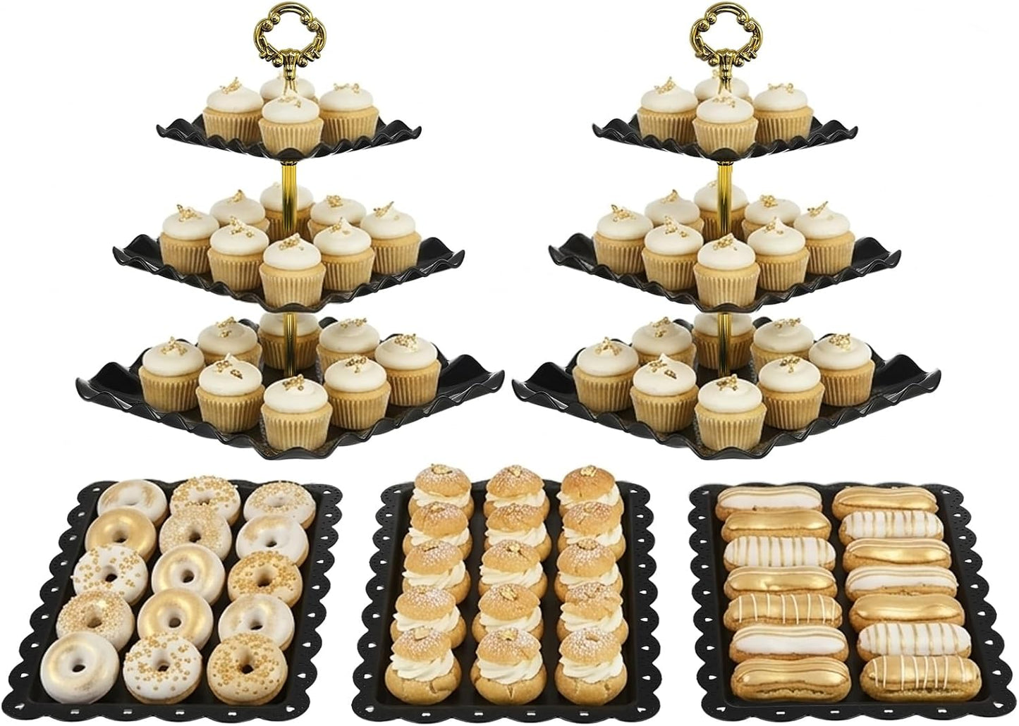 NWK 5 Piece Cake Stand Set with 2 x Large 3-Tier Cupcake Stands, 3 x Appetizer Trays, for Wedding Birthday Baby Shower Tea Party Decorations (White)