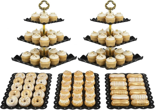 NWK 5 Piece Cake Stand Set with 2 x Large 3-Tier Cupcake Stands, 3 x Appetizer Trays, for Wedding Birthday Baby Shower Tea Party Decorations (White)