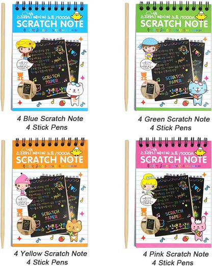 POKONBOY 16 Pack Scratch Arts and Crafts Notebooks, Scratch Note Pads for Kids Rainbow Party Favors Coloring Books for Kids Art Party Supplies Stocking Stuffers（16 Wooden Stylus & 4 Drawing Stencils）