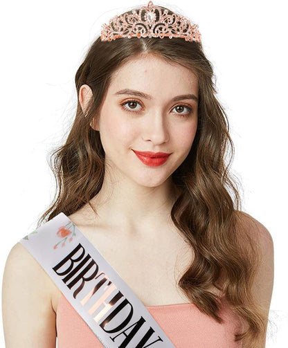 COCIDE Birthday Queen Sash & Rhinestone Tiara Set Gold Happy Birthday Crowns for Women Party Decoration Kit Rhinestone Headband for Women Glitter Crystal Hair Accessories for Cake Topper