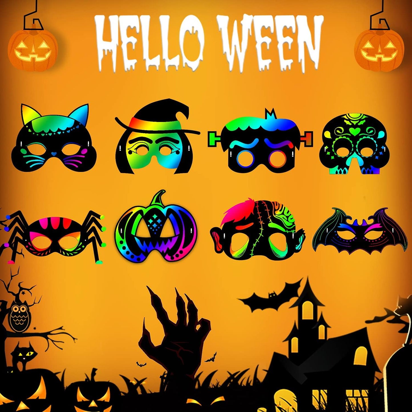 Natonhi 32Pcs Halloween Crafts for Kids Rainbow Scratch Mask, Halloween Games Scratch Art and Craft Kit Classroom Activities Favors Party Supplies