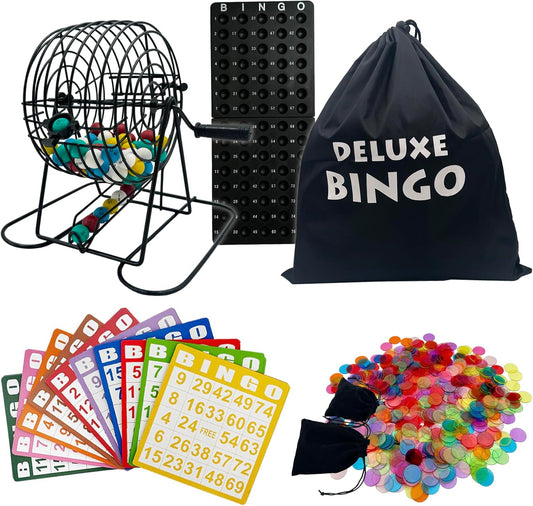 SUTIMSHE Deluxe Bingo Game Set-Includes Metal Cage with Big Bag,1000 Mixed Color Plastic Chips,100 Large Cards,75 Bingo Balls,Plastic Masterboard, 2 Velvet Bag,Ideal for Large Group and Parties