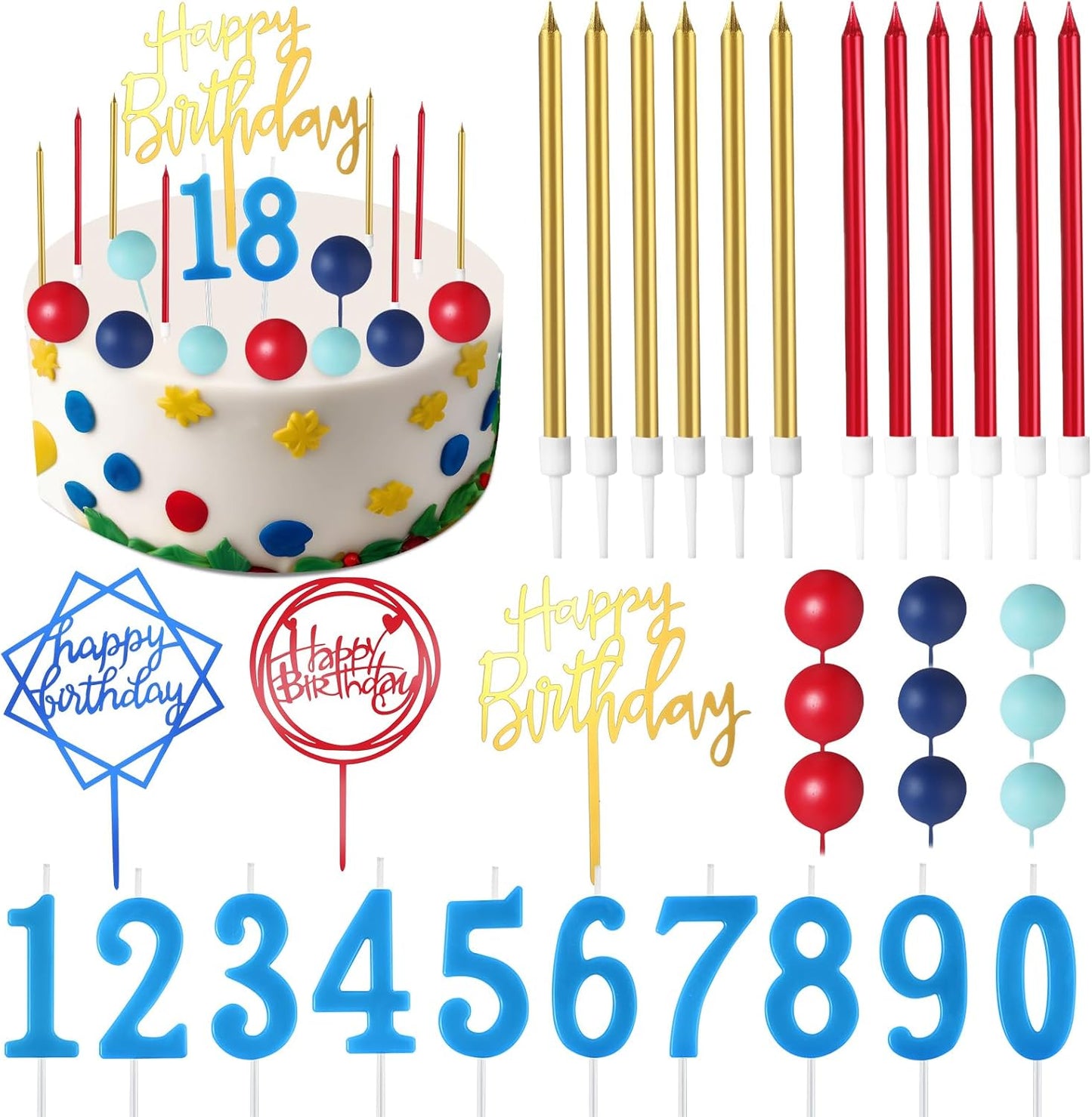 Yerliker 34 Pcs Happy Birthday Cake Toppers Decorations Birthday Candles DIY Cake Decor for Men Women Wedding Anniversary(Gold)