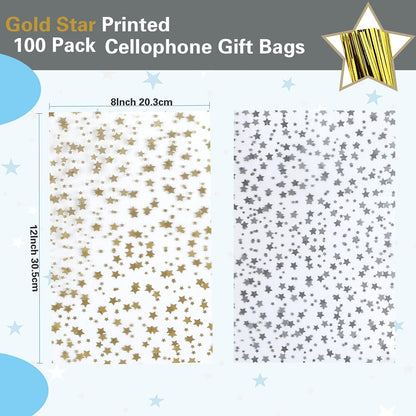 100 Pcs Star Printed 5"X 7" Gift Wrap Cello Cellophane Treat Bags Party Favor bags Clear Candy Cookie Bag Plastic Poly Goodie Storage Bag with Twist Ties for Bakery,Birthday, Wedding ,Party Decorations (Gold)