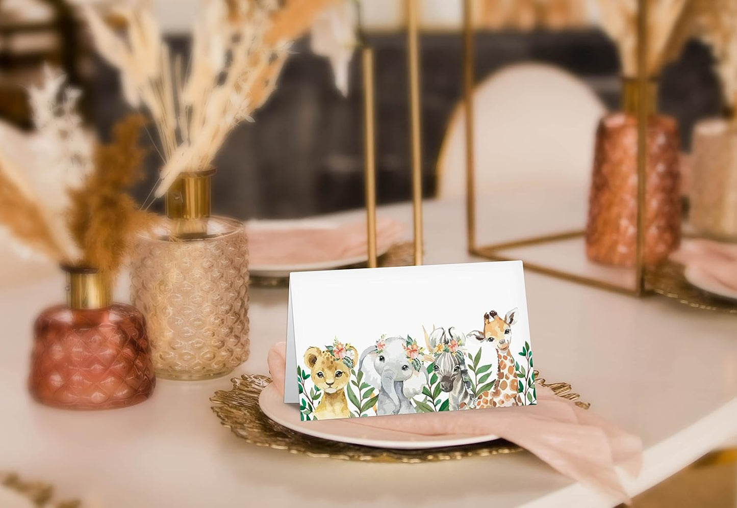 Table Place Card, Jungle Safari Animals Themed Tent Style Cards, Pack of 25 Half-Fold Reception Place Card, Gold Wild Animal Food Labels, Perfect for Baby Shower, Birthday Party C08
