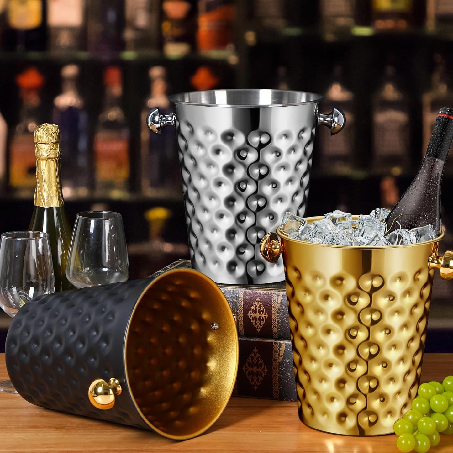 MorningRo 2 Pcs 5 Quart Black Champagne Ice Bucket 4.7 L Metal Doublewall Hammered Stainless Steel Wine Beer Chiller Home Bar Accessories for Football Sports Wedding Party Summer BBQ (Beveled Mouth)