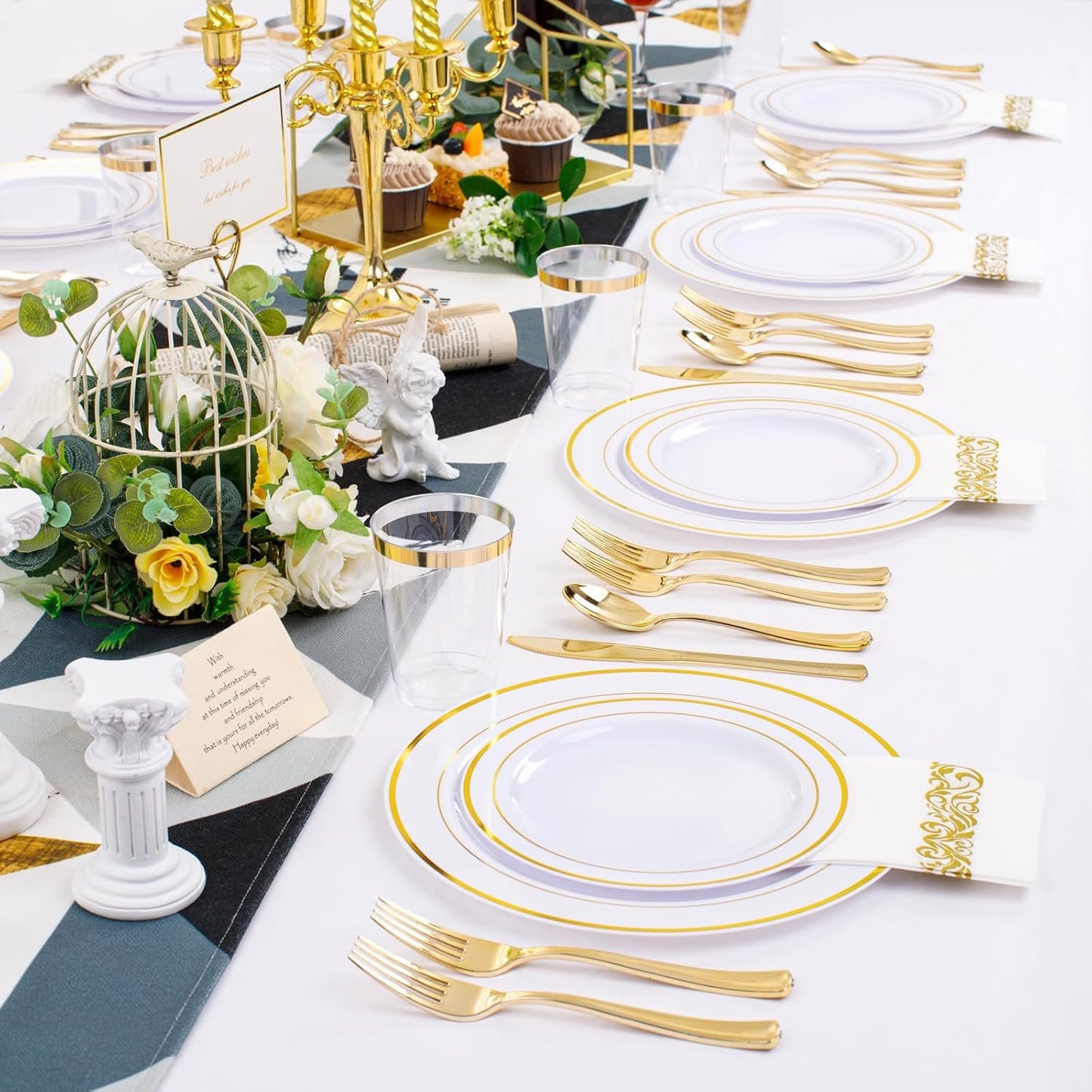 350 Pieces Black and Gold Plastic Plates with Disposable Silverware, Include 50 Dinner Plates 9”, 50 Dessert Plates 6.3”, 50 Black Cups 9 OZ, 50 Pre Rolled Napkins for Wedding Party Graduation