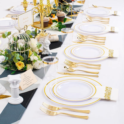 350 Pieces Black and Gold Plastic Plates with Disposable Silverware, Include 50 Dinner Plates 9”, 50 Dessert Plates 6.3”, 50 Black Cups 9 OZ, 50 Pre Rolled Napkins for Wedding Party Graduation