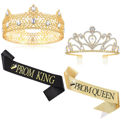 Lyrow 4 Pcs Prom King and Queen Crown Set, Prom King Crown with Sash for Graduation, Queen Tiara with Sash for Grad Couple Accessories Homecoming Birthday Party(Cute,Black,White)