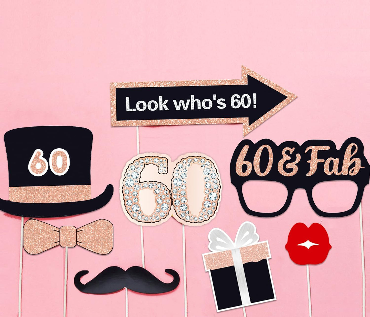 32pcs 60th Birthday Photo Booth Props for Men Women, 60 Birthday Selfie Props Kit, Classic Black Gold Happy 60th Birthday Party Supplies, Cheers to 60 Years Old Bday Decor