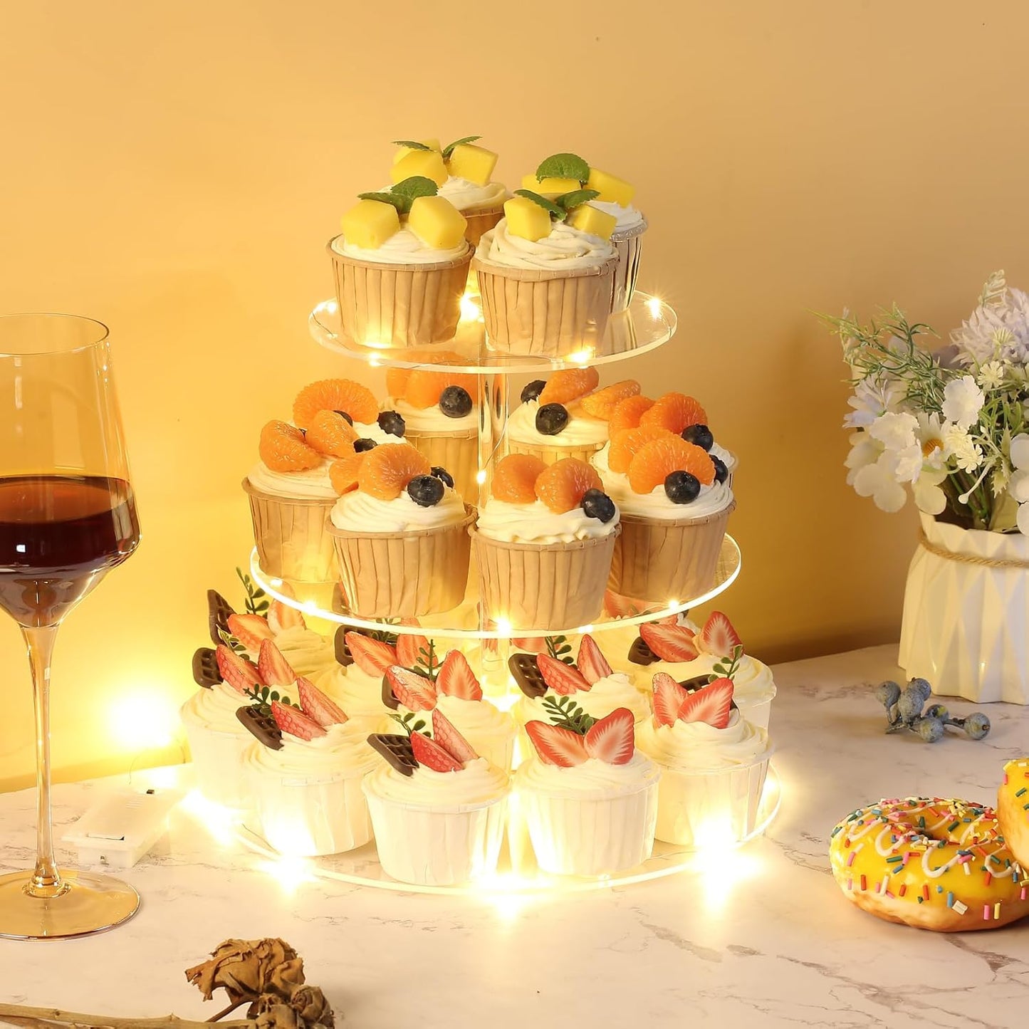 HENABLE 3 Tier Cupcake Stand Cupcake Holder, Acrylic Cupcake Tower with LED Yellow Light for 24 Cupcakes, Dessert Table Display Set for Birthday, Bar, Decor Weddings, Parties Events