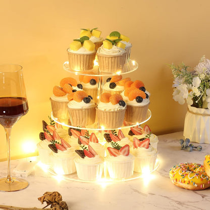 HENABLE 3 Tier Cupcake Stand Cupcake Holder, Acrylic Cupcake Tower with LED Yellow Light for 24 Cupcakes, Dessert Table Display Set for Birthday, Bar, Decor Weddings, Parties Events