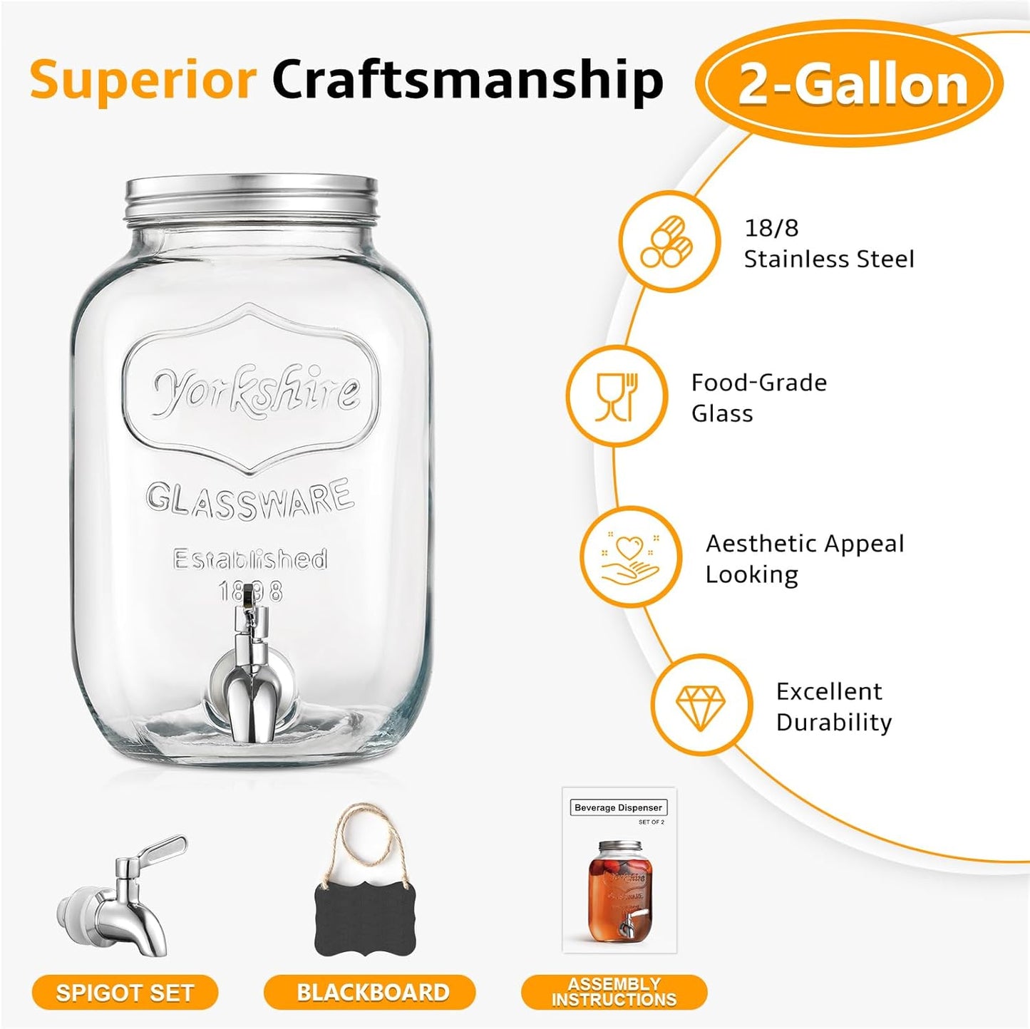 2 Gallon Glass Beverage Dispenser with Stand and Lid, 18/8 Stainless Steel Spigot - Glass Drink Dispensers for Parties - Mason Jar Drink Dispensers with Lids