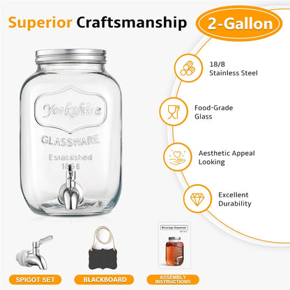 2 Gallon Glass Beverage Dispenser with Stand and Lid, 18/8 Stainless Steel Spigot - Glass Drink Dispensers for Parties - Mason Jar Drink Dispensers with Lids