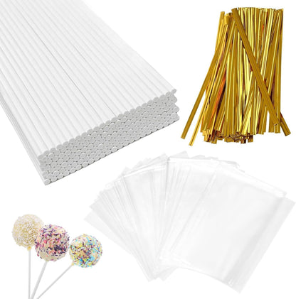 4-inch White Lollipop Sticks and Bags Set, 100Pcs Paper Candy Sticks,100Pcs Clear Bags, 100Pcs Twist Ties for Hard Candy, Chocolate, Cookie, Dessert (Gold)