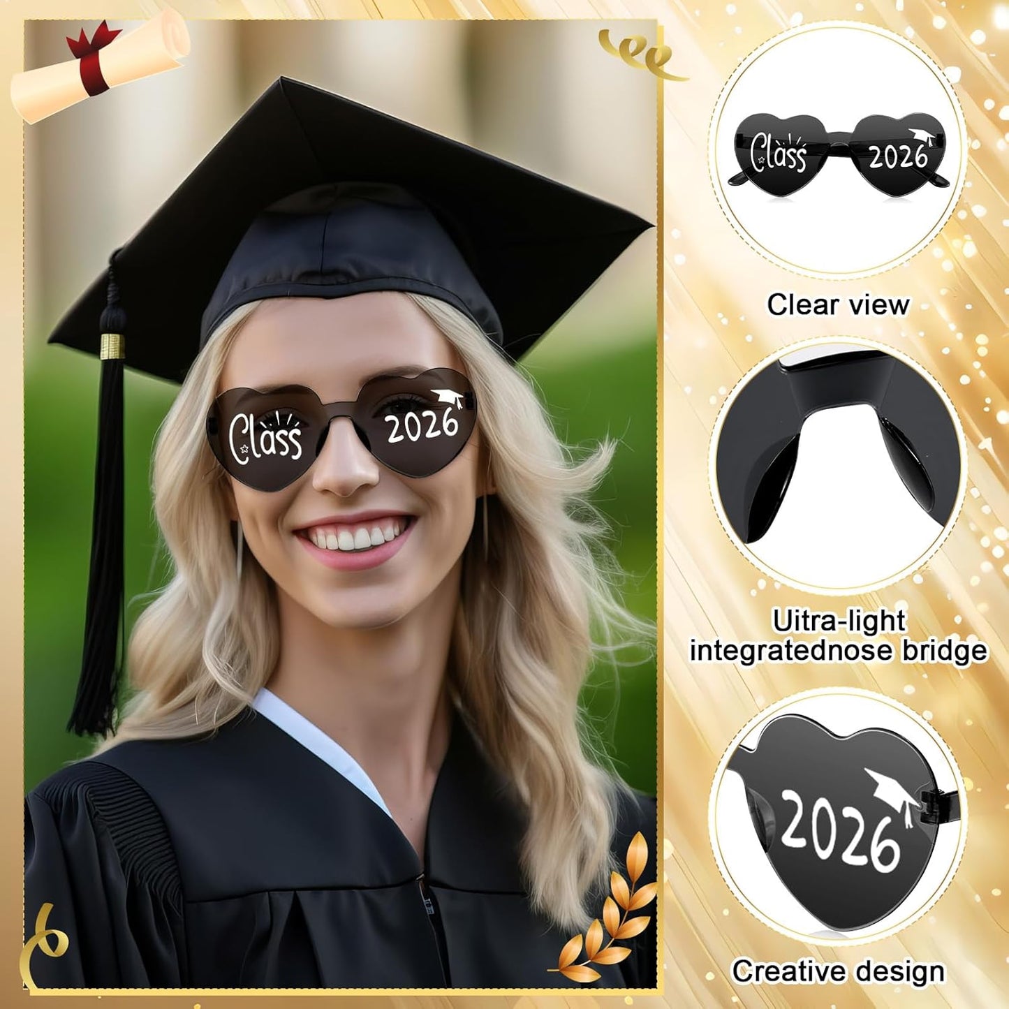 Xuhal 2026 Graduation Glasses Heart Shaped Plastic Eyeglasses Graduation Party Favor Photo Props