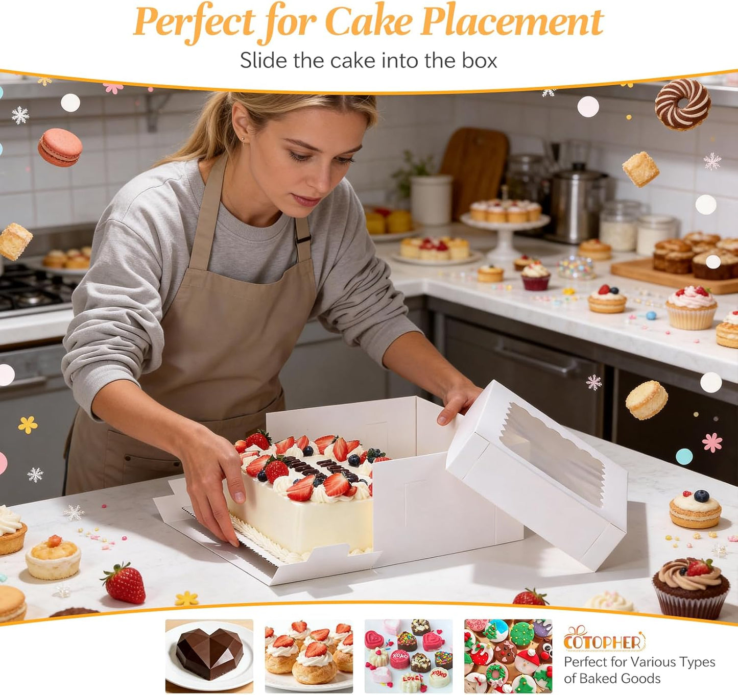 COTOPHER 50 Pcs Cake Boxes 8 Inch, 8x8x5 Inches Cake Containers (25 Boxes & 25 Boards), White Bakery Boxes with Windown for Cookies, Desserts, Cupcake, Pastries, Birthday, Wedding, Mother's Day
