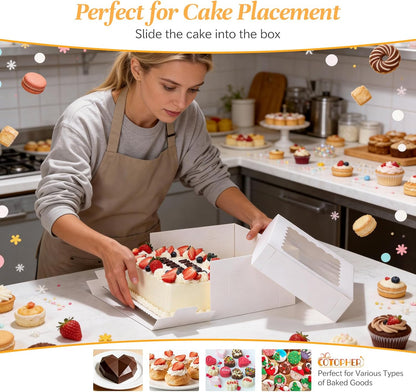 COTOPHER 50 Pcs Cake Boxes 8 Inch, 8x8x5 Inches Cake Containers (25 Boxes & 25 Boards), White Bakery Boxes with Windown for Cookies, Desserts, Cupcake, Pastries, Birthday, Wedding, Mother's Day