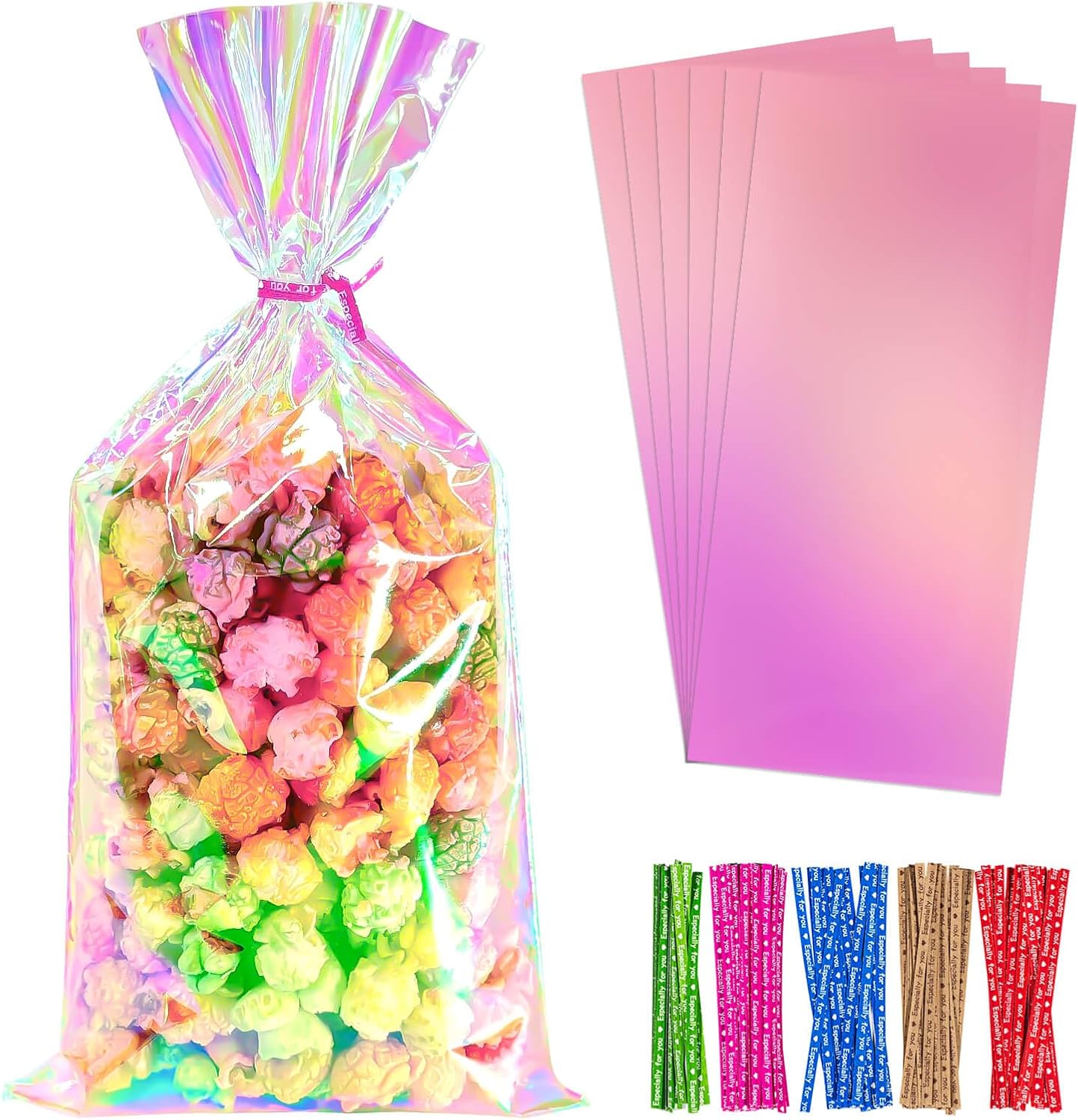 5x7 Inch Iridescent Cellophane Treat Bags with Twist Ties, Treat Bags for Candy Cookie Goodie Chocolates, And Popcorn
