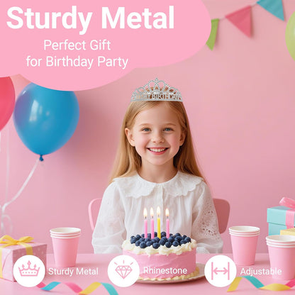 Birthday Tiara and Crown with Sash, Birthday Tiara for Women Party Silver