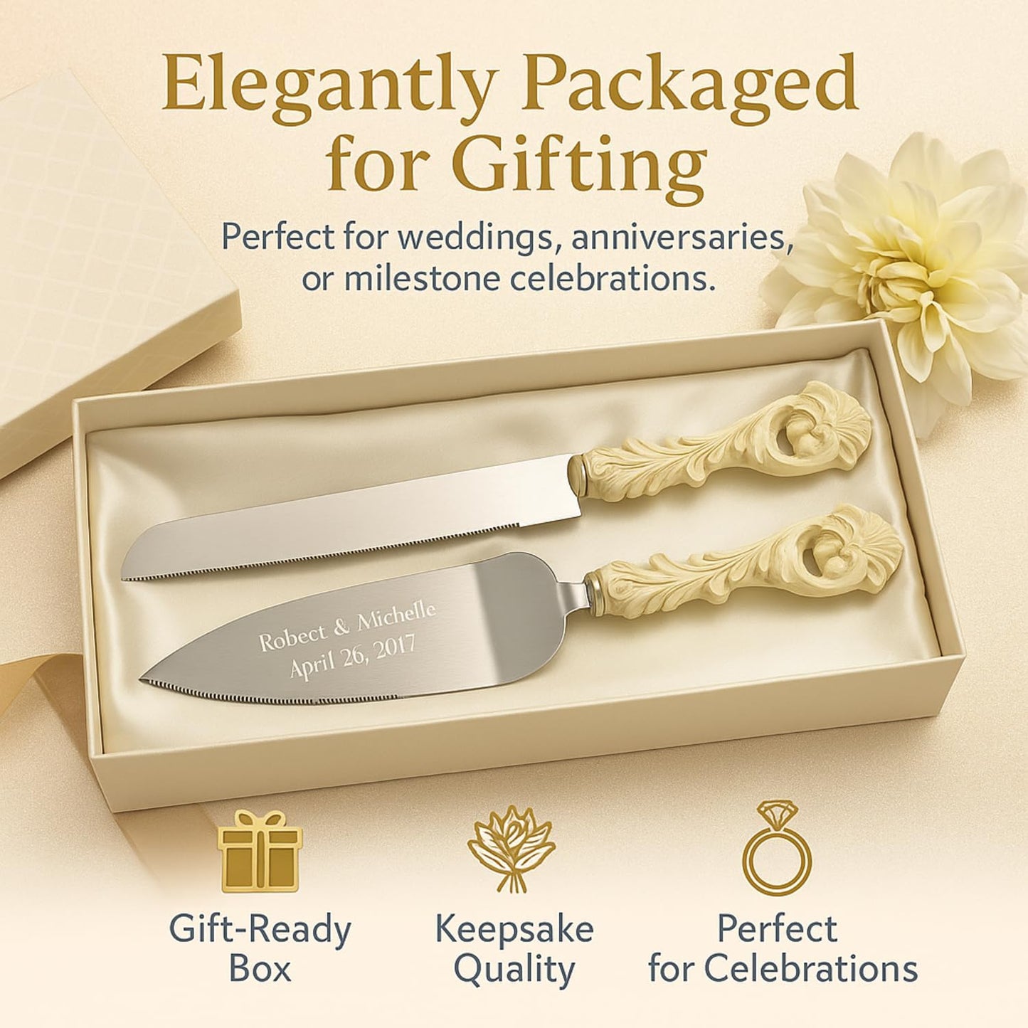 GIFTS INFINITY Personalized Wedding Cake Knife and Server Set with Engraving – Cake Cutting Utensil Set, Keepsake Gift for Wedding, Anniversary, Reception, Birthday & Other Occasions (CH-101WB)