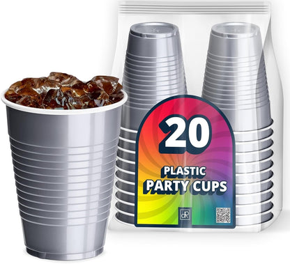 DecorRack 20 Party Cups 12 oz Disposable Plastic Cups for Birthday Party Bachelorette Camping Indoor Outdoor Events Beverage Drinking Cups (Black, 20)